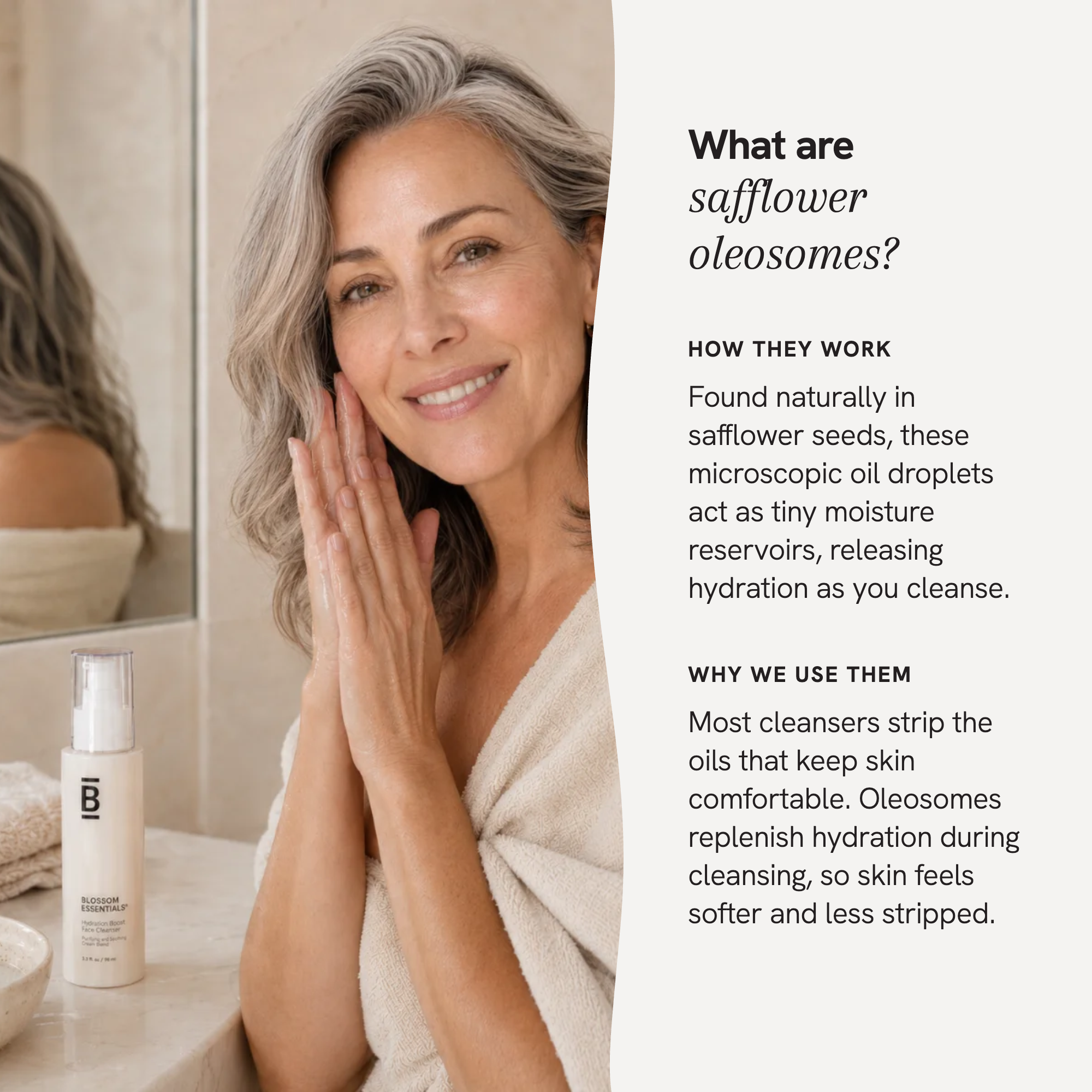 A woman with gray hair in a cream robe applies cream to her face, with a skincare bottle on the counter beside her. The right side contains informational text about safflower oleosomes on a light gray background.
